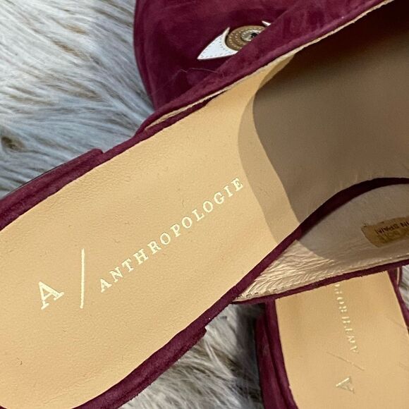 Anthropologie Embroidered Eye Burgundy Mules Sz 37 - Picture 4 of 6